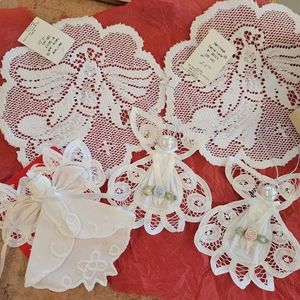 Bundle of Lacey Angel Items ~ Doily (2), Angel Ornaments(3) ~ 2 w/Decorative Box